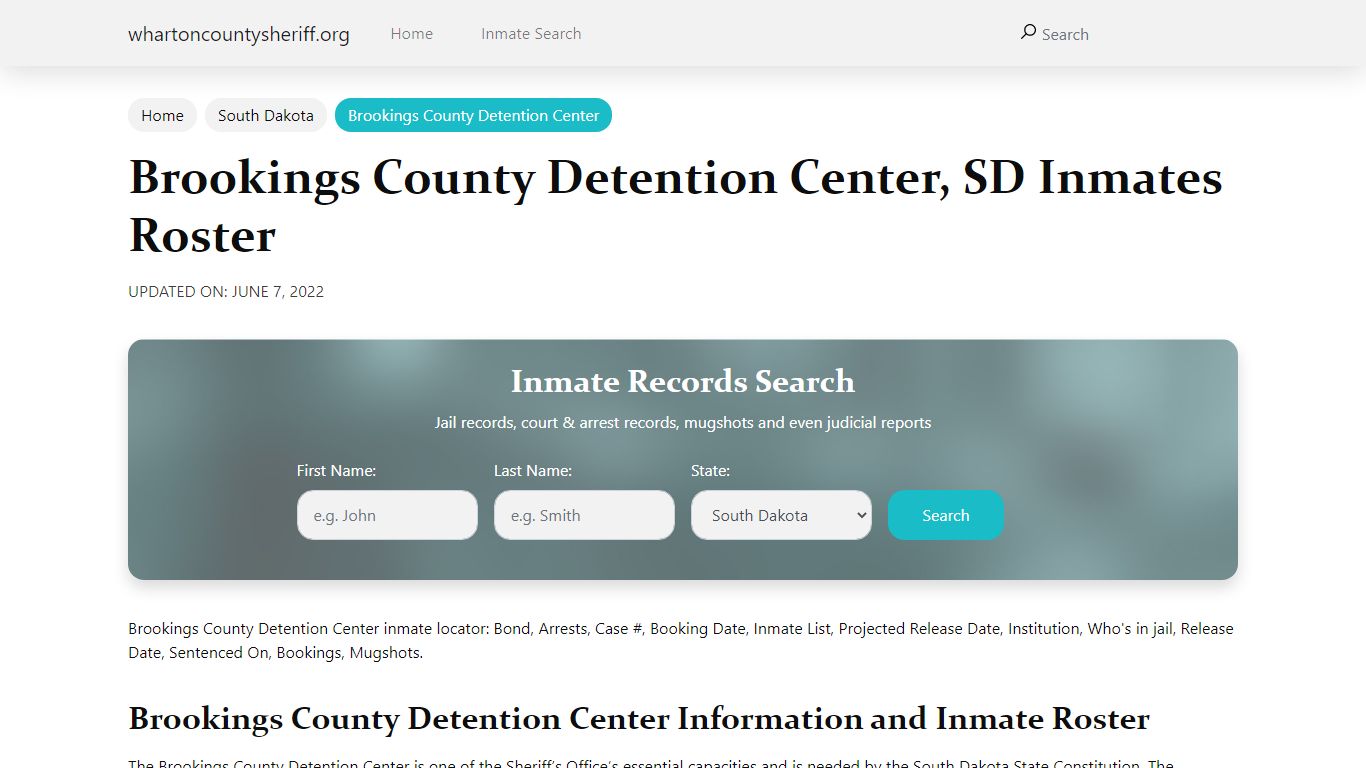 Brookings County Detention Center, SD Jail Roster, Name Search